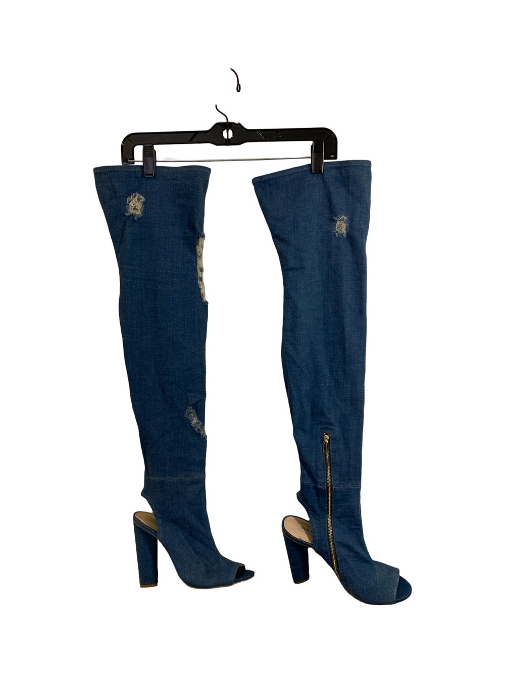 Steve Madden Dark Blue Distressed Denim Over-the-Knee Peep-Toe Boots